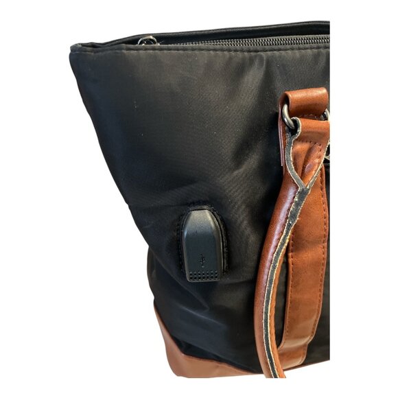 Relavel Black Nylon Tote Bag with Brown Faux Leather Trim – USB Port – Large Wor - Picture 7 of 7